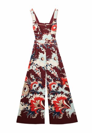 Nátelník bez rukávov s širokými nohavicami, štvorcovým výstrihom, burgundskou základňou a veľkými kvetinovými vzormi v červenej, béžovej, modrej a bielej farbe.