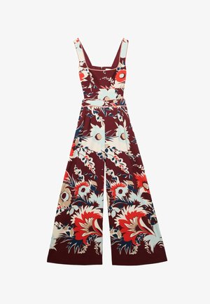 Nátelník bez rukávov s širokými nohavicami, štvorcovým výstrihom, burgundskou základňou a veľkými kvetinovými vzormi v červenej, béžovej, modrej a bielej farbe.