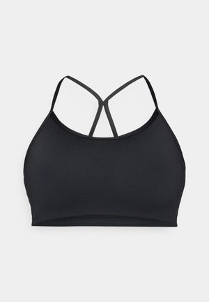 Schwarzer Sport-BH mit glatter Textur, ausgestattet mit dünnen, gekreuzten Trägern am Rücken und einem schlichten, ungeschmückten Design.