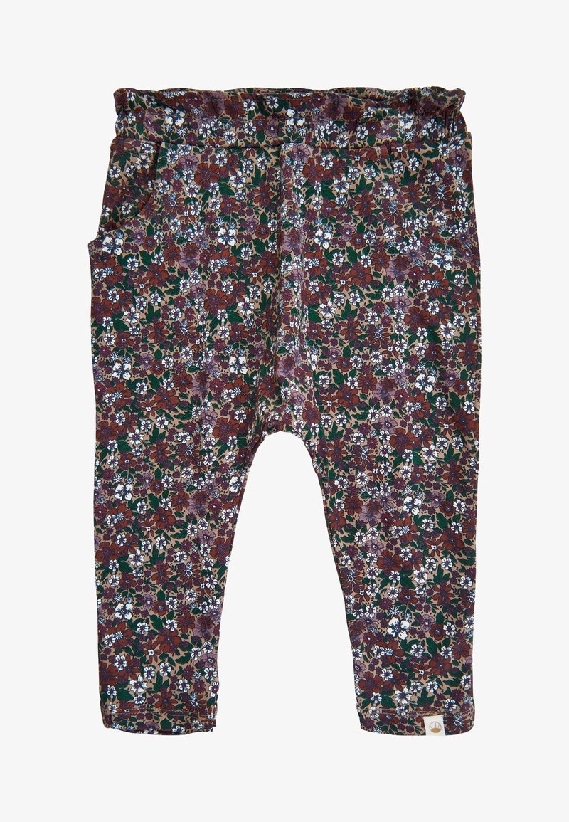 Pantalon extensible pour tout-petit avec taille élastique, présentant un imprimé floral dense en marron, violet, blanc et vert.