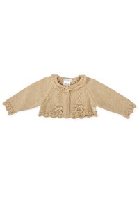 Cárdigan de bebé de punto beige con mangas largas, cuello con volantes, lazos decorativos y bordes en forma de concha en los puños y el dobladillo.