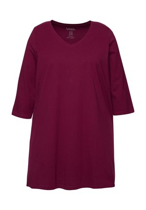 Bordeaux katoenen tuniek met een V-hals en driekwart mouwen. Gladde textuur, loose fit en een knielange stijl. Eenvoudige en elegante uitstraling.