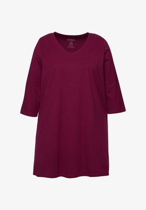 Bordeaux katoenen tuniek met een V-hals en driekwart mouwen. Gladde textuur, loose fit en een knielange stijl. Eenvoudige en elegante uitstraling.
