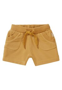 Shorts en coton jaunes avec une taille élastique et un cordon de serrage. Comprend deux poches avant et une texture lisse. Longueur courte.