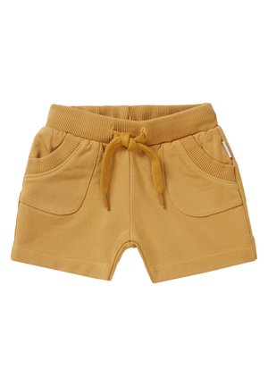 Shorts en coton jaunes avec une taille élastique et un cordon de serrage. Comprend deux poches avant et une texture lisse. Longueur courte.