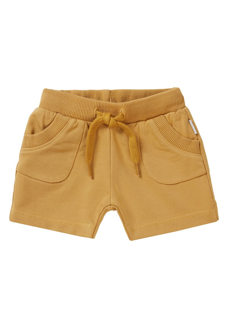 Shorts en coton jaunes avec une taille élastique et un cordon de serrage. Comprend deux poches avant et une texture lisse. Longueur courte.