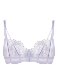 Bralette en dentelle de couleur lavande clair avec broderie florale en vert pastel. Équipé de bretelles réglables et d'une fermeture à crochets au dos.