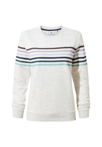 Light gray sweatshirt with multi-colored horizontal stripes in navy, teal, and burgundy. Features a round neckline and ribbed cuffs.