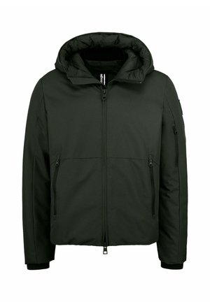 Black padded jacket with hood, front zipper, two zippered side pockets, and a zippered pocket on the left sleeve.