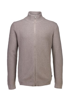 Ljusbeige stickad zip-up-tröja med hög krage, texturerad tyg, långa ärmar och ribbade muddar och fåll. Dragkedjedetalj framtill.