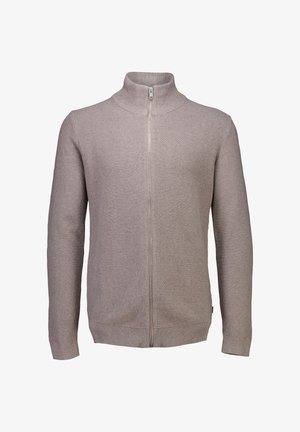 Lichtbeige gebreide ritssluiting trui met een hoge kraag, gestructureerde stof, lange mouwen en geribbelde manchetten en zoom. Ritsdetail aan de voorkant.