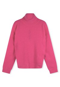 Maglione a collo alto rosa con maniche lunghe, realizzato in un morbido tessuto; presenta un collo a coste e un fondo corto, mostrando un colore uniforme.