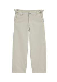 Beige bukser med lige ben, justerbare stropper med spænde i siden, knaplukning foran, bæltestropper og sidelommer.