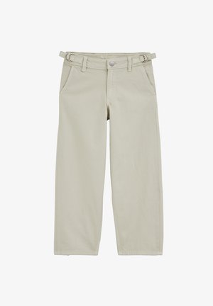 Pantalon beige à jambes droites avec sangles latérales réglables à boucle, fermeture avant par bouton, passants pour ceinture et poches latérales.