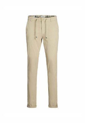 Pantaloni beige realizzati in tessuto leggero con una vestibilità slim, dotati di una vita con cordino e orli arrotolati per un look casual.