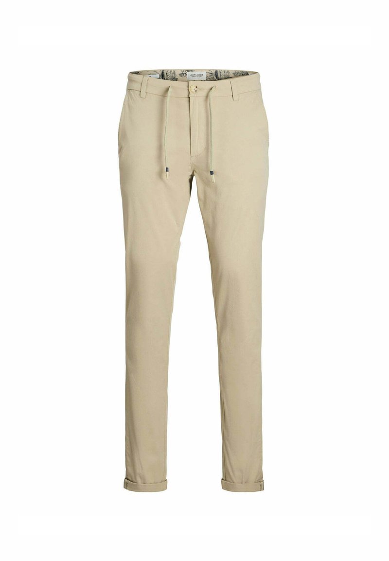 Pantaloni beige realizzati in tessuto leggero con una vestibilità slim, dotati di una vita con cordino e orli arrotolati per un look casual.