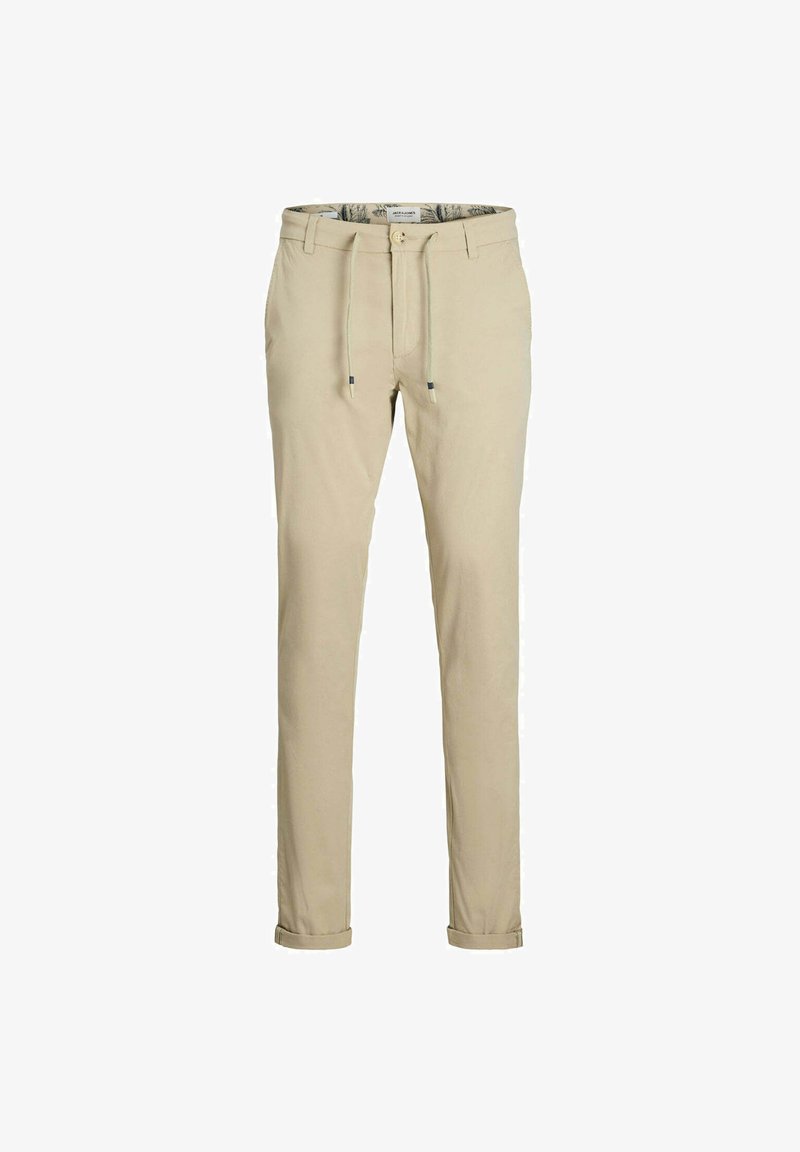 Pantaloni beige realizzati in tessuto leggero con una vestibilità slim, dotati di una vita con cordino e orli arrotolati per un look casual.