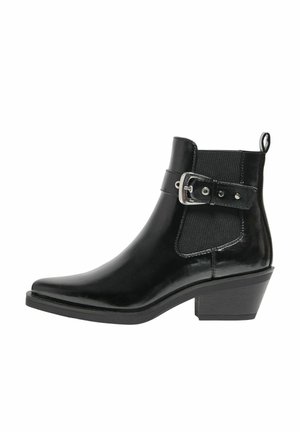 Black ankle boots with a glossy finish, featuring textured side panels, a decorative buckle, and a moderate block heel.