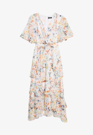 Vestido midi floral en tela transparente con mangas cortas con volantes, escote cruzado y cintura con lazo. El diseño incluye volantes superpuestos.