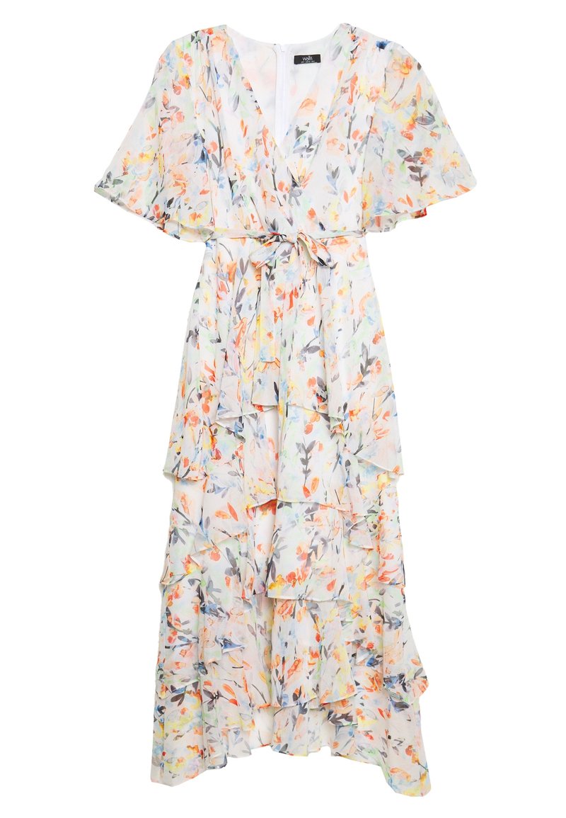 Robe midi fleurie en tissu transparent avec manches courtes volantées, encolure cache-cœur et taille ceinturée. Le modèle comprend des volants superposés.