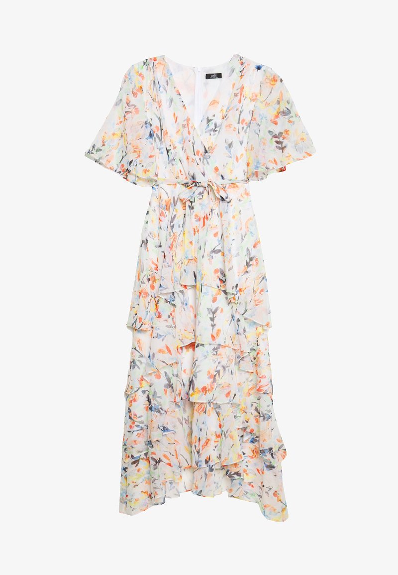 Robe midi fleurie en tissu transparent avec manches courtes volantées, encolure cache-cœur et taille ceinturée. Le modèle comprend des volants superposés.