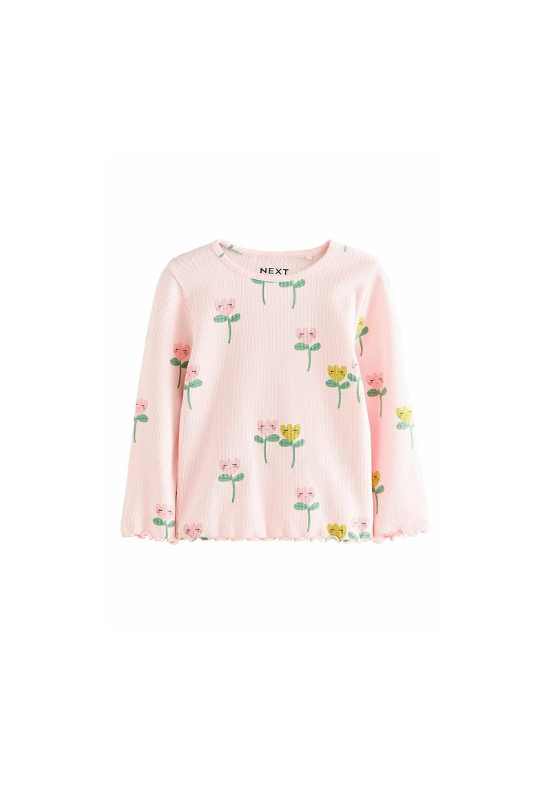 Langärmliges Oberteil in zartem Rosa, mit gerippter Textur und floralem Muster aus pinken und gelben Blumen sowie grünen Blättern, gewelltem Saum.