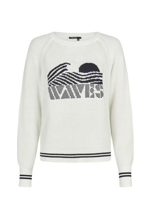 White knit sweater with black striped wave and sun design and black double stripes on cuffs and hem.