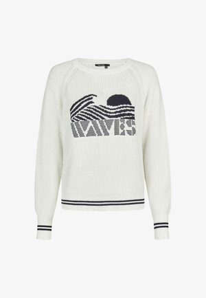 White knit sweater with black striped wave and sun design and black double stripes on cuffs and hem.