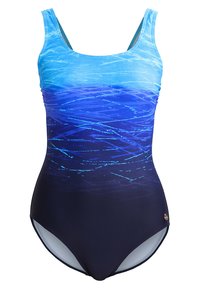 One-piece swimsuit featuring a gradient of blue tones with a water-like pattern, made of soft, stretchable fabric and a modest cut.