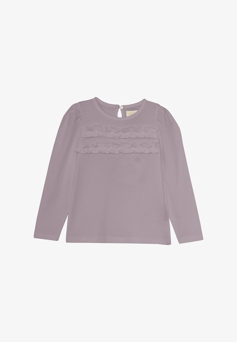 Fioletowa bluzka z długim rękawem i okrągłym dekoltem, z falbanami na wysokości klatki piersiowej oraz małym zapięciem na guzik z tyłu.