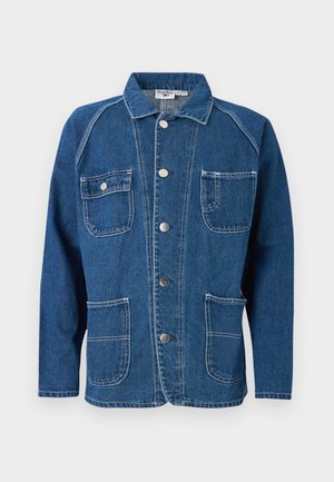 Blue denim jacket featuring a collared neckline, front button closure, two chest pockets, and two lower pockets with white stitching details.