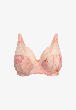 Soutien-gorge fleuri en pêche doux avec des accents en dentelle. Présente des motifs de fleurs roses et blanches, des bretelles larges et une forme de bonnets arrondis. Fermetures réglables.