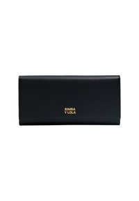 Billetera de piel negra con forma rectangular, que cuenta con un logo grabado en dorado, textura suave y costuras tonales a lo largo de los bordes.