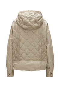 Beige Steppjacke mit Kapuze, featuring einer strukturierten Oberfläche und Knopfmanschetten. Leichtes Material und entspannte Passform.