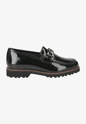 Mocassins en cuir verni noir avec un design mocassin, ornés d'un accent métallique argenté et d'une semelle robuste et texturée.