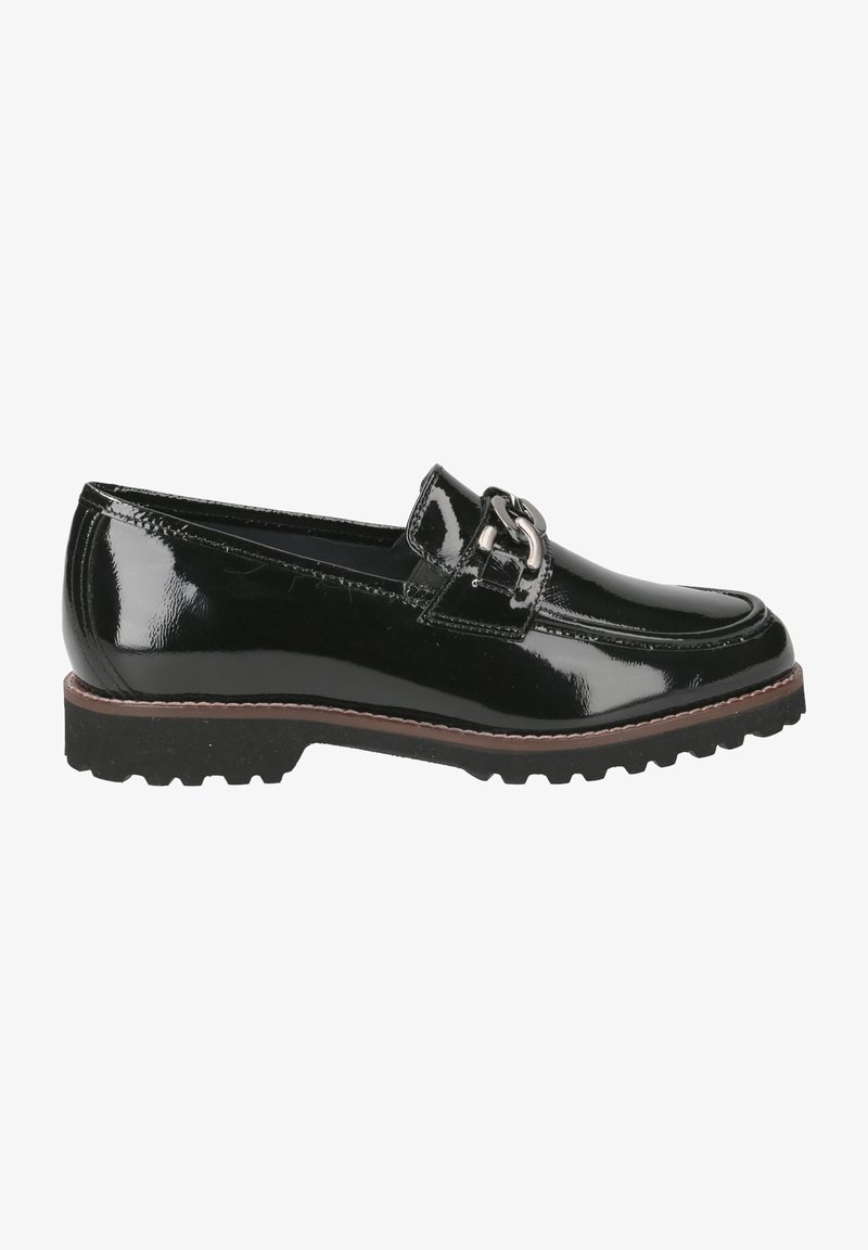 Mocassins en cuir verni noir avec un design mocassin, ornés d'un accent métallique argenté et d'une semelle robuste et texturée.