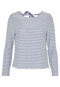 Długo rękawowy pasek w niebiesko-białe paski, z szerokim dekoltem i satynowym wiązaniem z tyłu. Miękka tkanina o teksturowanym wykończeniu.