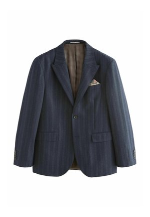 Navy blue striped blazer with a notched lapel, two front pockets, and a patterned pocket square. Lined interior with a subtle check pattern.