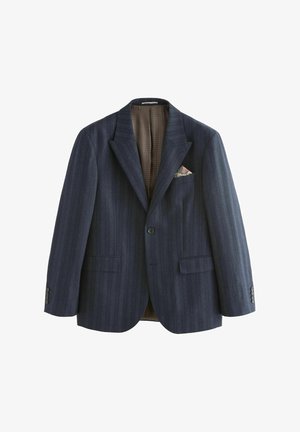 Navy blue striped blazer with a notched lapel, two front pockets, and a patterned pocket square. Lined interior with a subtle check pattern.