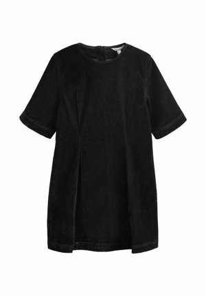 Schwarz kurzes Kleid aus Samt mit kurzen Ärmeln, runder Halsauschnitt, Falten an der Vorderseite und einem Verschluss auf der Rückseite.