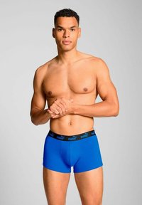 Blue boxer shorts made of stretch fabric with a black waistband featuring the Puma logo. Model is bare-chested, arms crossed.