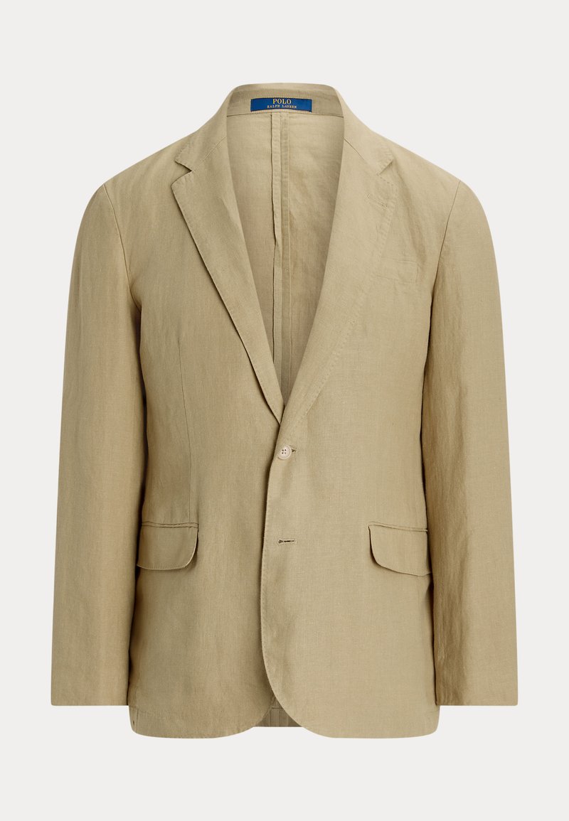 Beige linen blazer with a single button, wide lapels, two front pockets, and a relaxed fit. Smooth texture and lightweight design.