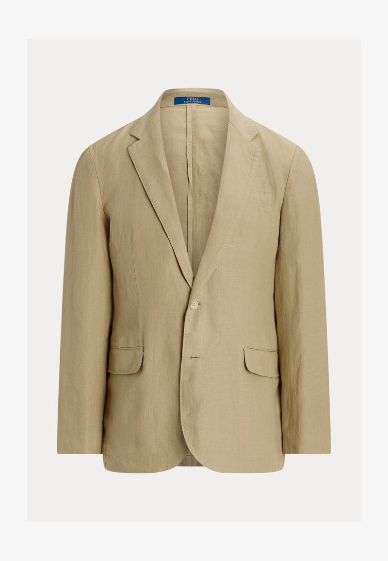 Beige linen blazer with a single button, wide lapels, two front pockets, and a relaxed fit. Smooth texture and lightweight design.
