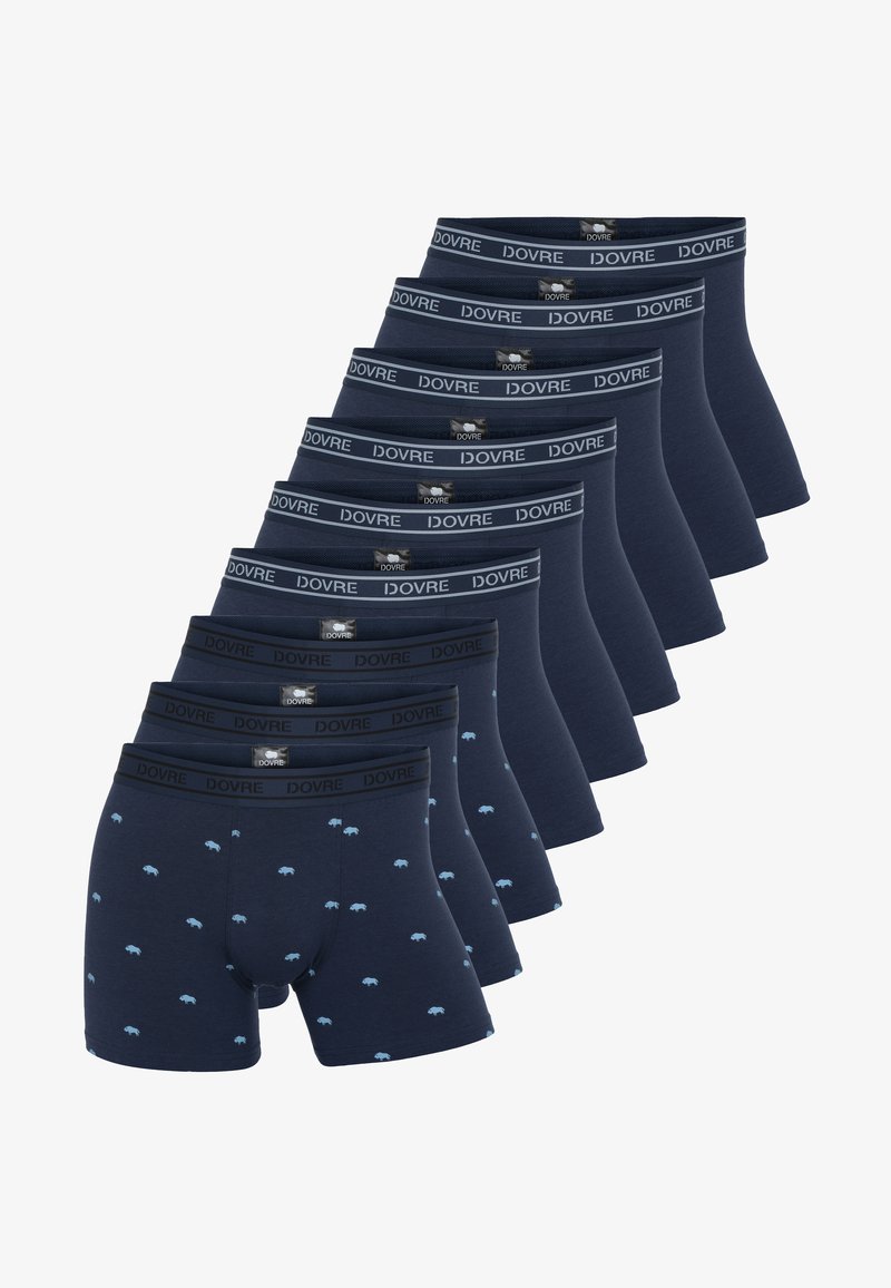 Sæt af ti navy blå boxershorts lavet af bomuld. Har en sort elastik med mærkenavnet 'DOVRE' og et lyst blåt dyremønster.