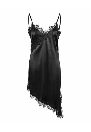 Camisetta nera in seta con rifiniture in pizzo, caratterizzata da sottili bretelle regolabili e un orlo asimmetrico per una silhouette fluida ed elegante.