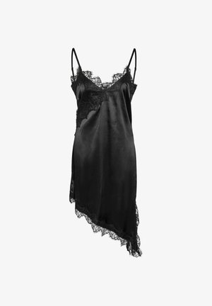 Camisetta nera in seta con rifiniture in pizzo, caratterizzata da sottili bretelle regolabili e un orlo asimmetrico per una silhouette fluida ed elegante.