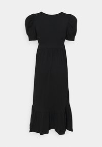 Robe midi noire avec manches courtes bouffantes, taille ajustée et ourlet à volants, vue de dos sur un fond uni.
