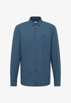 Camicia a quadri blu e navy con maniche lunghe, colletto button-down, taschino sul petto e chiusura con bottoni. Realizzata in un tessuto leggero.