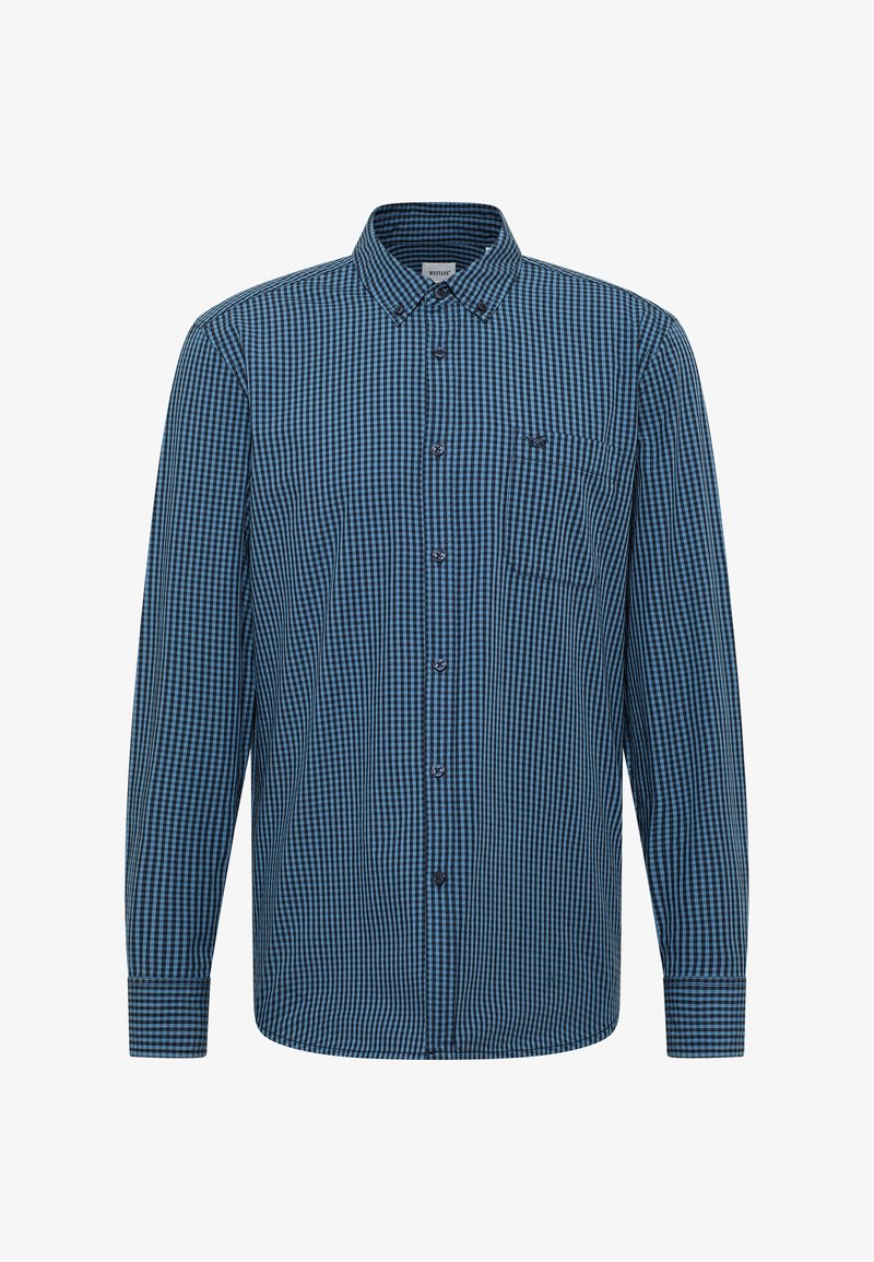 Sinine ja tumesinine ruuduline särk, millel on pikad varrukad, nööbiga krae, rinnaosa tasku ja nööbiga sulgemine. Valmistatud kergest kangast.