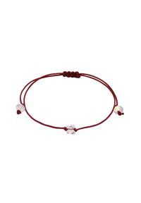 Bracelet en cordon ajustable bordeaux avec des accents en cristal transparent et un centre floral, au texture lisse et au design minimaliste.